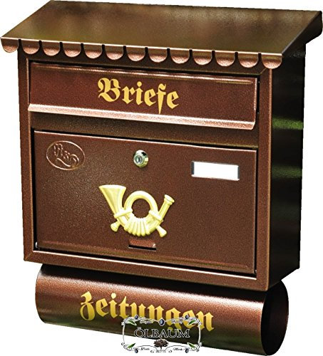 BTV Großer Massivstahl-Briefkasten, mit Rostschutz Flachdach F Kupfer kupferfarben braun mit Katalogeinwurf und Zeitungsrolle