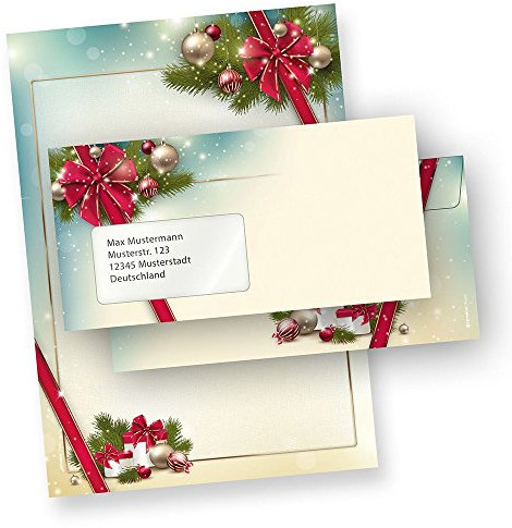 Briefpapier Weihnachten Set ROTE SCHLEIFE (100 Sets mit Fenster) Weihnachtsbriefpapier mit Umschlag