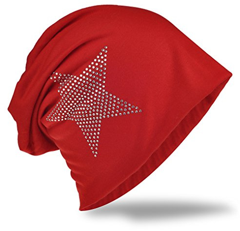 Miobo Jersey slouch beanie lång mössa stjärna med strass applikation unisex enfärgad män kvinnor trend, röd, En Storlek