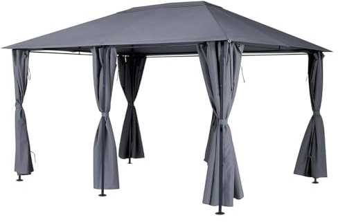 Hespéride - Tonnelle Santorini Ardoise 4 x 3 m, Acier Traité, Toile Déperlante, 6 Rideaux et Moustiquaire Inclus - pour Jardin, Terrasse, Barnum