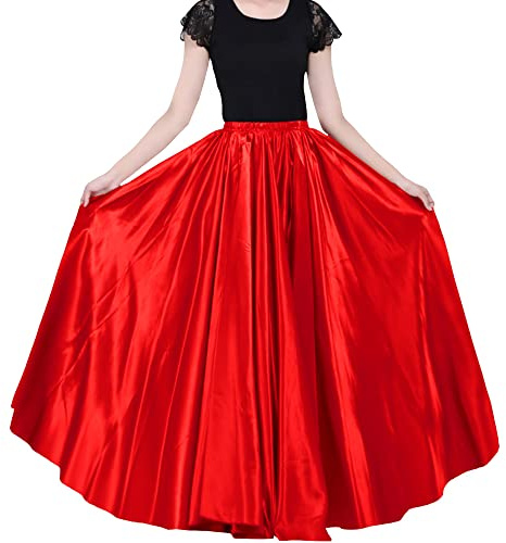 Damer 90 cm satin maxi midi kjol lång klänning elastisk midja för Belly Dance Princess party cosplay kostym, röd, one size