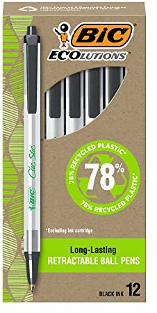 BIC Ecolutions Clic Stic Black Ballpoint Pens, Medium Point (1.0mm), 12-Count Pack, Retractable Ball Point Pens Made from 78% Recycled Plastic