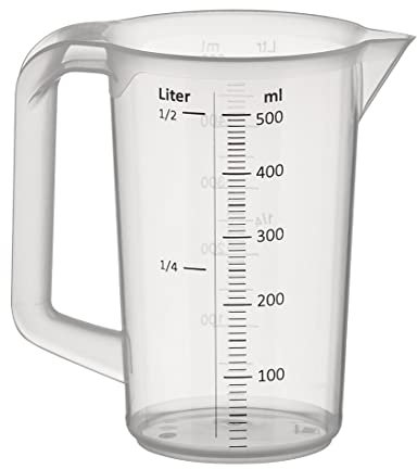 Vaso medidor APS de 0,5 litros, Ø 9,5 x H: 14 cm, vaso de plástico con escala de medición en relieve en el exterior, asa cerrada, graduación en ml, apto para lavavajillas