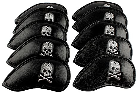 Craftsman Golf 10pcs Black Skull Thick Pu Synthetic Leather Golf Iron Head Covers Set Headcover Skull Fit All Brands Callaway, Ping, Taylormade, Cobra, Etc.