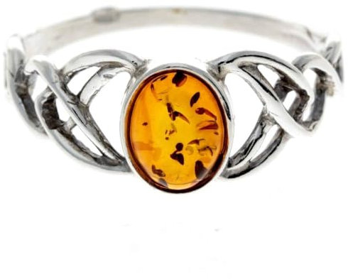SilverAmber Jewellery - 925 Sterling Silber & Echter Baltischer Honig Bernstein Keltischer Ring - Ringgröße 61 (19.4) - 7482S