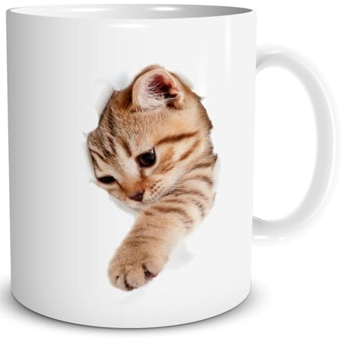TRIOSK Lustige Katzen Tasse - Niedliches Katzenmotiv mit Katzenpfote durch den Becher - Süßes Geschenk für Katzenliebhaber, Freundin & Kollegin - Büro & Arbeit - Keramik 300 ml