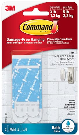 Command BATH22-ES Water-Resistant Refill Strips | Replacement Strips, Holds up to 5 lb, Damage Free Wall Hanging, Re-Hang Hooks for Bathrooms