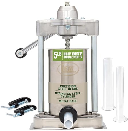 LEM Products MightyBite 5 lb Vertical Sausage Stuffer, Stainless Steel Meat Stuffer Machine for Home Kitchen Use, Small-Batch Sausage Maker with Air-Release Piston and Stuffing Tubes