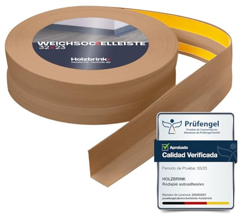 HOLZBRINK Rodapie PVC adhesivo 32x23mm, 5 m | Rodapie flexible para el acabado de encimeras cocina, muebles baño | Perfil PVC | Color: roble claro