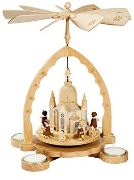 Richard Glässer Seiffen German Christmas Pyramid Frauenkirche Church, Height 27 cm / 11 inch, Natural with tealights, Original Erzgebirge by Richard Glaesser Seiffen