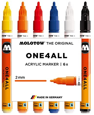 Molotow One4All 127HS Acryl Marker Basic-Set 1 (2,0 mm Strichstärke, hochdeckend und permanent, UV-beständig, für fast alle Untergründe) 6 Stück sortiert, weiß