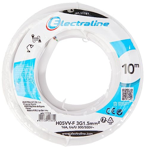 Electraline 11781 Cavo per Prolunghe H05VV-F, Sezione 3G1.5 mm, 10 mt, Bianco