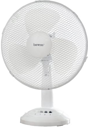 Benross 43920 12-Inch Standing Desk Fan/Easy Push Control Buttons / 3 Speed Settings/Oscillating Head/Safety Guard/Use In Home, Office, Commercial & More/White Colour