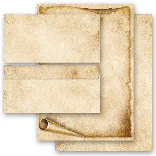 20 st. motivpapper komplett set gammalt pappersrulle (variant A) 10 ark brevpapper + 10 matchande kuvert DIN LÅNGA utan fönster