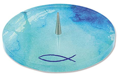 Butzon & Bercker Glas-Kerzenhalter mit Fisch-Symbol - Teelichthalter Blau | Aquamarin-farbener Leuchter aus Glas, handwerklich graviert, christliches Geschenk für Gebet und moderne Wohndekoration