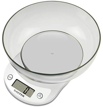 Balance de cuisine Salter Précision - Pesage électronique haute résolution 3000g, Bol de 1 litre, Affichage LCD, Ajouter et peser, Métrique, Impérial, Garantie de 15 ans - Blanc