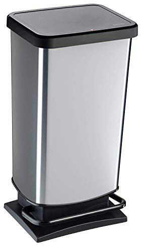 Rotho Paso Mülleimer 40l mit Pedal und Deckel, Kunststoff (PP) BPA-frei, silbermetallic, 40l (35.3 x 29.5 x 67.6 cm), Silber