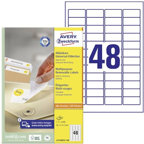 AVERY Zweckform L4736REV-100 Universal Etiketten (4.800 Klebeetiketten, 45,7x21,2mm auf A4, wieder rückstandsfrei ablösbar/abziehbar, individuell bedruckbare, selbstklebende Aufkleber) 100 Blatt, weiß