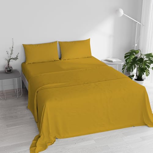 MB HOME ITALY Set Lenzuola Letto Matrimoniale Cotone Max Color, lavorato in Italia - Completo Letto, Lenzuolo Sotto con Angoli, Telo Sopra 240x300 cm e 2 Federe con Patella Interna, Senape