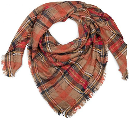 styleBREAKER quadratischer XXL Schal, Deckenschal mit schottischem Tartan Plaid Karo Muster und Fransen, Unisex 01018136, Farbe:Orange-Beige-Blau