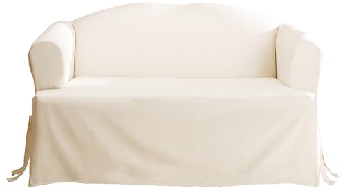 SureFit Cotton Duck One Piece Straight Skirt Slipcover, 100% Cotton, Relaxed Fit, Machine Washable, Sofa Cover, T-Cushion, Natural Color/Perfect for Protecting Your Favorite Furniture