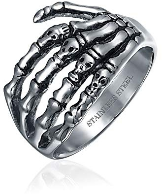 Bling Jewelry Anneau De Bande De Main De Squelette Enveloppant pour Hommes Et Adolescents en Acier Inoxydable Ton Argent Oxydé Halloween Goth Biker Punk Rocker