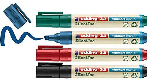 edding 32 EcoLine Flipchartmarker Set - bunte Farben - 4 Stifte - Keilspitze 1-5 mm - Stift zum Schreiben und Markieren auf Flipcharts - Tinte schlägt nicht durch Papier-trocknet nicht aus-nachfüllbar
