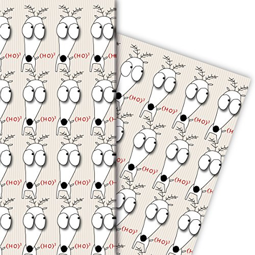 Ho hoch3 Weihnachtspapier Set (4 Bogen) Dekorpapier mit lustigem Elch auf Streifen für tolle Geschenk Verpackung und Überraschungen zu Nikolaus, Advent, Weihnachten u.v.m. 32 x 48cm, in beige