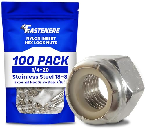 Fastenere Nylon Insert Hex Lock Nuts - 1/4-20 Stainless Steel 18-8, Plain Finish, Corrosion-Resistant, Durable Hardware Nuts for Secure Fastening, Locking Nut, (100-Pack)