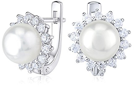 SILVEGO Damen Perlen Ohrringe aus 925 Sterling Silber mit weißer Süßwasserperle 8 mm und Zirkonia