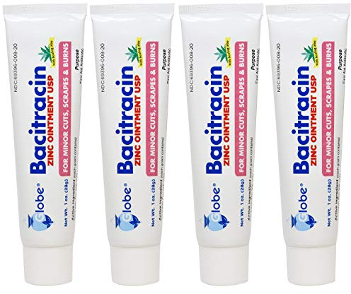 (4 Pack) Globe Bacitracin Zinc Ointment + Aloe 1oz, Antibiotic Ointment, Essential Antibiotic First Aid Supplies, Healing Action, Maximum Antibiotic Power, Prevents Infection in cuts, scrapes, Burns