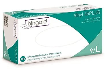 Guanti monouso in vinile 45PLUS, trasparenti, misura L, confezione da 100 pezzi