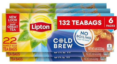 Lipton Cold Brew Iced Tea Bags, Family Size Zero Calories, Easy-To-Make with no boiling needed, 132 Total Tea Bags (22ct - Pack of 6)