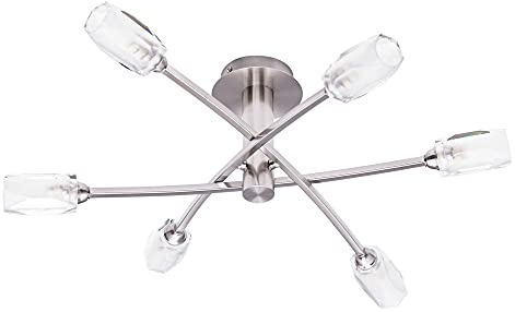 LITECRAFT Macti Flush Ceiling Light 6 arm with Cut Glass Shades in Satin Nickel