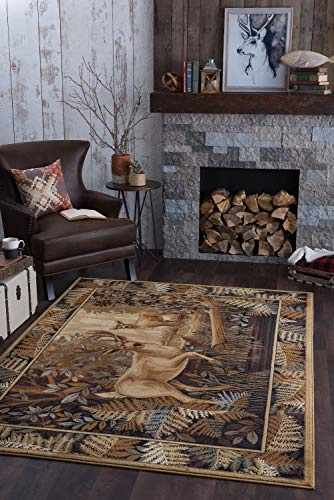 Fern Deer Novelty Lodge Pattern Beige Rectangle Area Rug, 8' x 10'