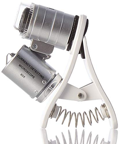 KUYiA Mini Mikroskop, Universal Clip LED 60X Zoom Pocket Microscope, Jewellery Loupe UV Light Währung Detektor Micro Lens Magnifying Glass Kompatibel mit iPhone Samsung Android Smartphone – Silber