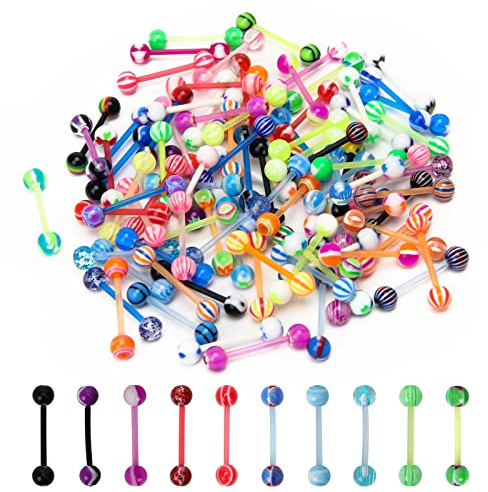 CrazyPiercing 100Pcs 14G Acrylic Tongue Rings, Multi Color Assortment Flexible Tongue Rings Barbells Mix Piercing