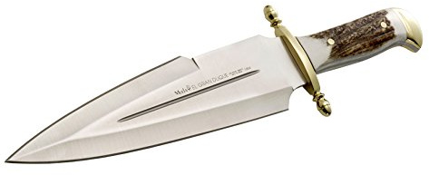 ELECTROPOLIS Cuchillo de Caza Muela Gran Duque DUQUE-25E, Enterizo, cachas de asta de Ciervo y latón, Hoja MOVA de 25 cm + Tarjeta Multiusos de Regalo
