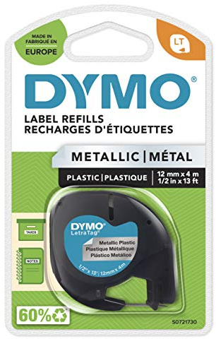 Dymo S0721750 Kassette für Beschriftungsgerät Letra Tag Schriftband metall, laminiert, 4 m x 12 mm, schwarz/Silber