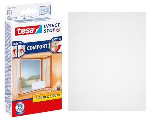 tesa Insect Stop Comfort Fliegengitter für Fenster - Insektenschutz mit Klettband selbstklebend - Fliegen Netz ohne Bohren - 100 cm x 100 cm - Weiß (Leichter Sichtschutz)