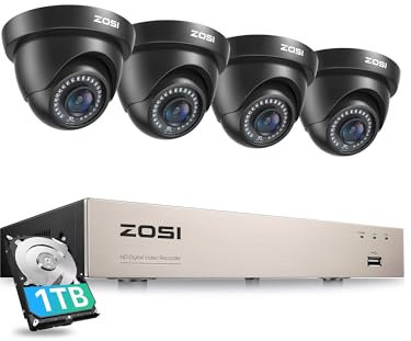ZOSI 5MP Lite Kit de Cámara de Vigilancia 8CH 2MP Sistema de Seguriad Exterior con 4pcs CCTV Cámaras 1080p, Visión Nocturna, Alarma de Movimiento, 1TB Disco Duro Incluido