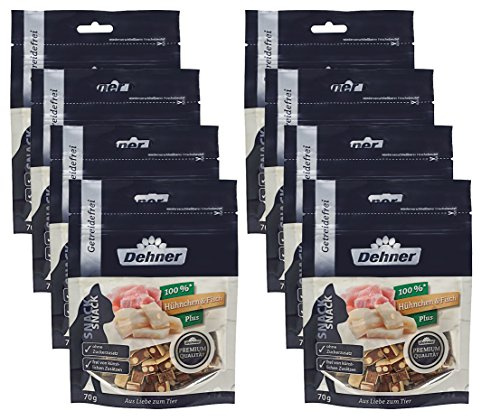 Dehner Premium Katzensnack, Leckerli getreidefrei / zuckerfrei, für ausgewachsene / übergewichtige Katzen, Hühnchen / Fisch / Käse, 8 x 70 g (560 g)