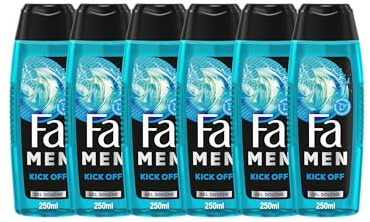 Fa Men, Gel Douche Corps Homme, Kick Off, Sensation de fraicheur, 3en1 Corps Cheveux Visage, Parfum Aquatique Longue Duree, Formule Vegane, Bouteille de 250 ml