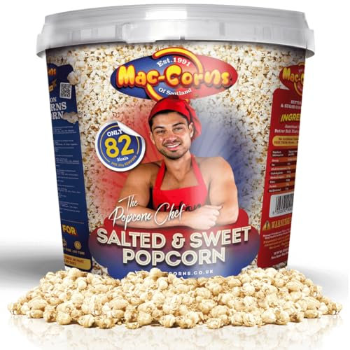 MacCorns Popcorn Chef’s Sweet & Salted Bucket | 10ltr Reusable Bucket of Sweet & Butter Salt Popcorn | Crispy, Low Calorie Snack for Health Conscious Snackers | Free from GM, Dairy & Nut