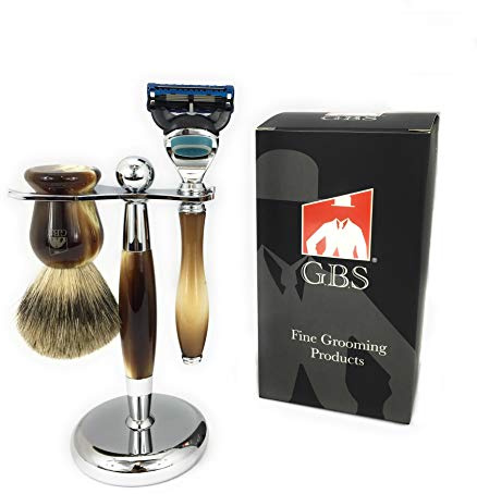 G.B.S Men's Shaving Set, Compatible Manual Razor, Long Faux Horn Handle, Tall Badger Bristle Brush, Stand Holder Durable Material Convenient Classic