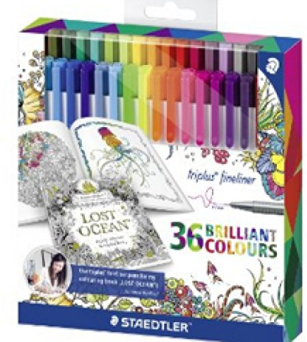 STAEDTLER Fineliner triplus, Johanna Basford Edition, 36er, Neonfarben, 0,3mm, Dreieckig, DRY SAFE, Silberne Stabkappe, farbiges Outline Endstück, Markierstift-Set
