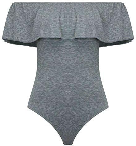 Janisramone Kvinnor damer nya från axeln volang krause bardot nivå bodysuit ärmlös tröja topp, Grau, S/M