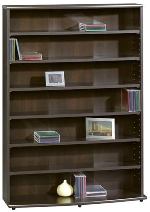 Pemberly Row Multimedia Storage Rack, 46 in, Cinnamon Cherry Finish, Adjustable Shelves, Holds 426 CDs or 280 DVDs, Durable Construction, Space-Saving Organizer for Home, Office or Media Room
