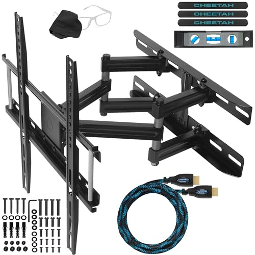 Cheetah Mounts APDAM3B TV-Wandhalterung mit zwei Gelenkarmen für 20-65 ”-Fernseher bis VESA 400 und 115 lbs, Befestigung an zwei 16” -Stiften und mit einem 10 ”-HDMI-Kabel mit verdrehten Adern und einer 6” -Magnet-Wasserwaage mit 3 Achsen