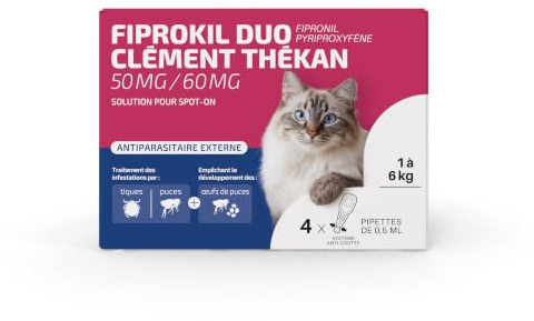 Clément Thékan - Anti-puces et anti-tiques pour Chats - 4 pipettes Fiprokil (50mg)